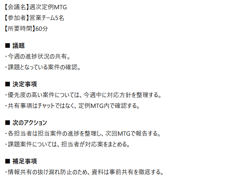 議事録要約の出力結果