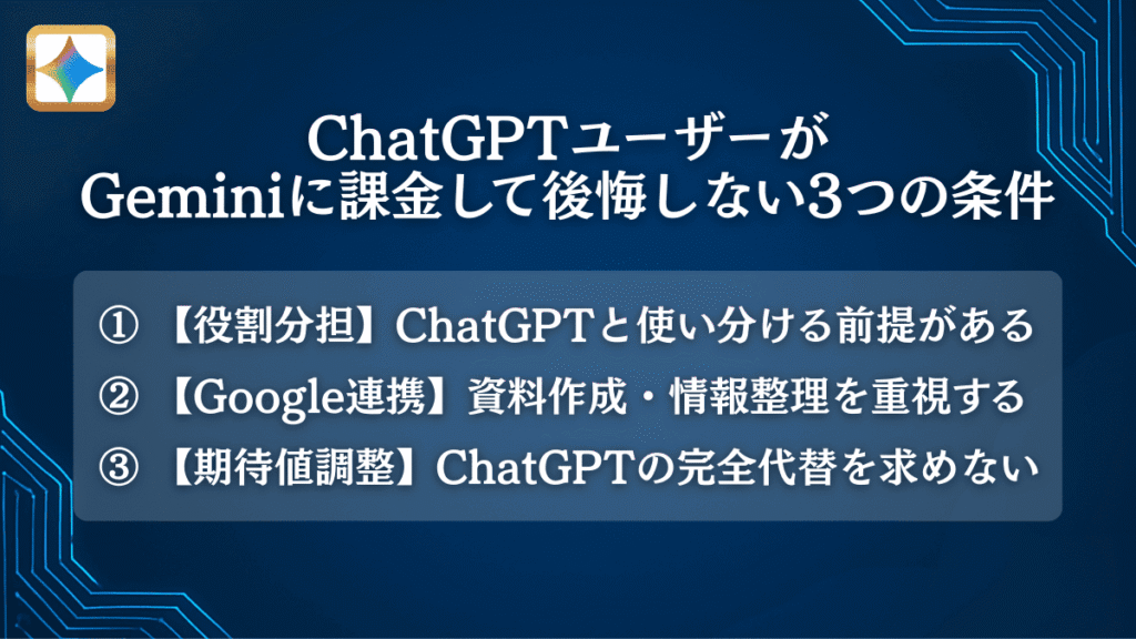 ChatGPTユーザーがGeminiに課金して後悔しない3つの条件
