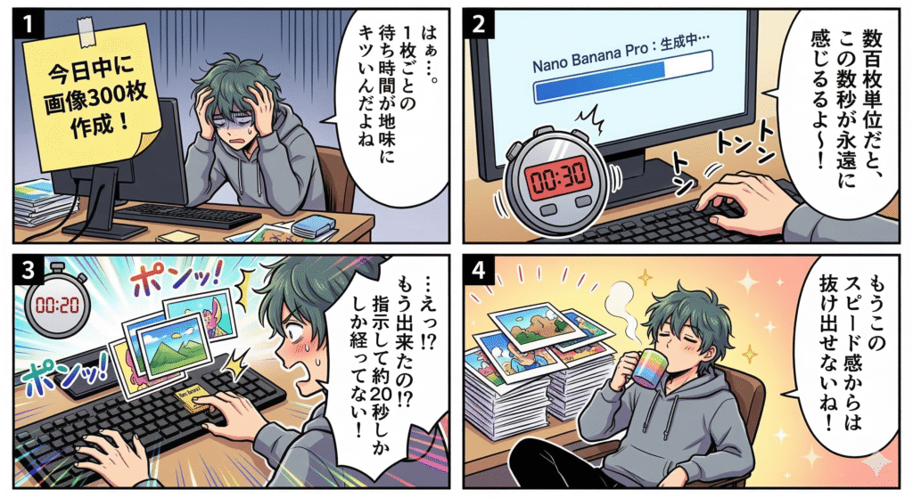 画像生成の速度の違いを4コマ漫画風に解説