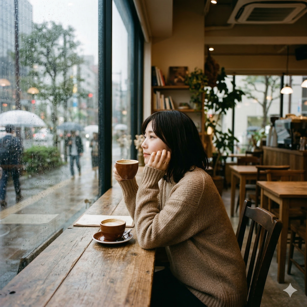 NanoBanana2で作成「カフェでコーヒーを飲む女性」