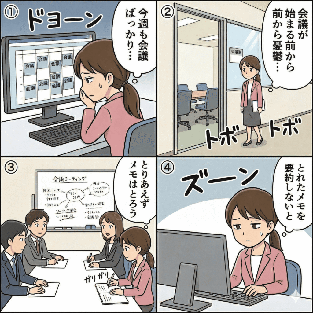 面倒な議事録の要約（4コマ漫画風）